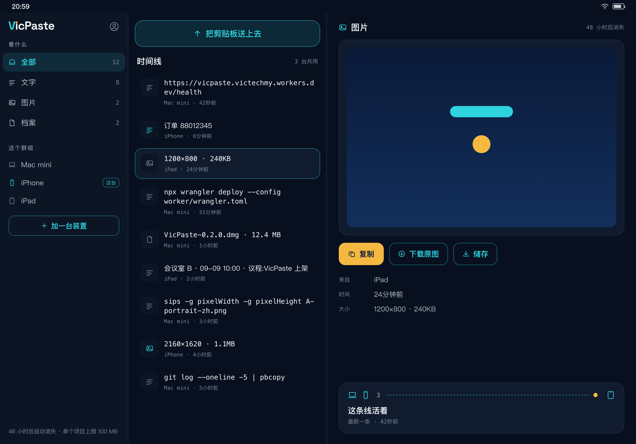 VicPaste iPad 横放画面:左边装置清单,中间时间线,右边选中项目的详细内容