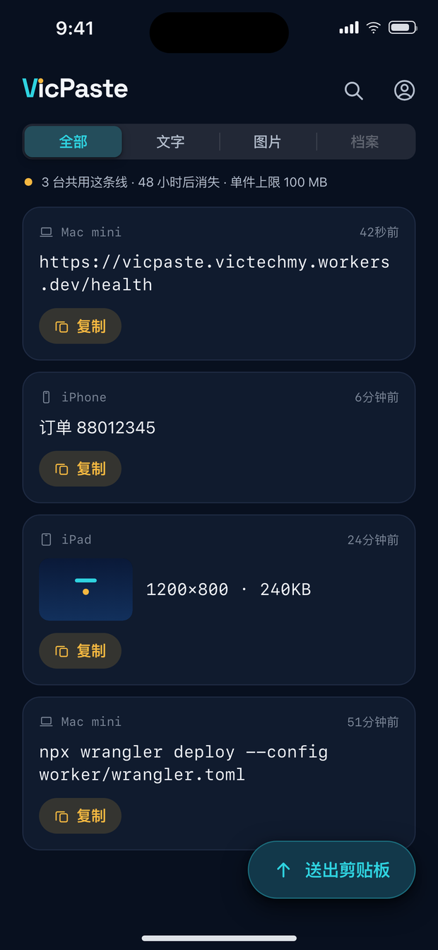 VicPaste iPhone 画面:一条时间线列出从 Mac mini、iPhone、iPad 送来的项目,每条右边有金色复制钮